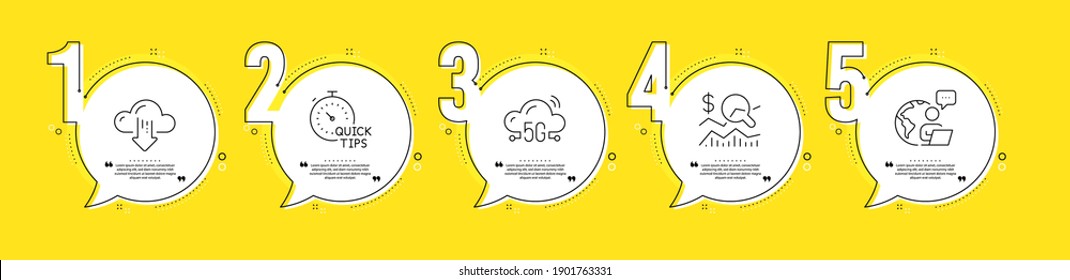 Check investment, Cloud download and Quick tips line icons set. Timeline process infograph. 5g cloud sign. Business report, File storage, Helpful tricks. Wifi internet. Science set. Vector