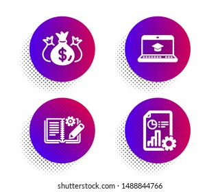 Check investment, Engineering documentation and Website education icons simple set. Halftone dots button. Report sign. Business report, Manual, Video learning. Presentation document. Vector