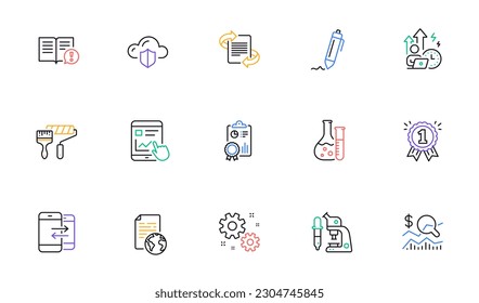 Check investment, Facts and Work line icons for website, printing. Collection of Difficult stress, Reward, Cloud protection icons. Internet document, Paint roller, Internet report web elements. Vector