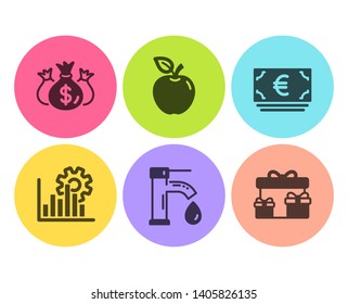 Check investment, Tap water and Euro currency icons simple set. Seo graph, Apple and Surprise boxes signs. Business report, Faucet. Flat check investment icon. Circle button. Vector