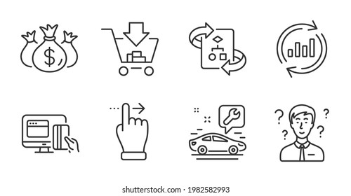 Check Investment, Technical Algorithm And Online Payment Line Icons Set. Support Consultant, Shopping And Touchscreen Gesture Signs. Car Service, Update Data Symbols. Quality Line Icons. Vector