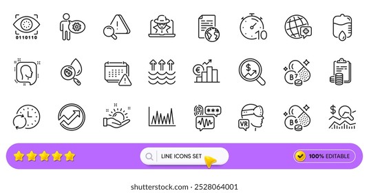 Check investment, World medicine and Notification line icons for web app. Pack of Timer, Cogwheel, Biotin vitamin pictogram icons. Evaporation, Sunny weather, Currency audit signs. Search bar. Vector