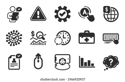 Check investment, World money and Question mark icons simple set. Resume document, Service and First aid signs. Customer survey, Update time and Computer keyboard symbols. Flat icons set. Vector