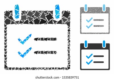 Check items calendar day composition of tremulant parts in various sizes and color hues, based on check items calendar day icon. Vector bumpy dots are grouped into composition.