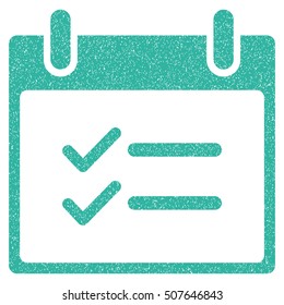 Check Items Calendar Day grainy textured icon for overlay watermark stamps. Flat symbol with unclean texture. Dotted vector cyan ink rubber seal stamp with grunge design on a white background.