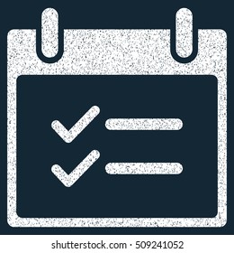 Check Items Calendar Day grainy textured icon for overlay watermark stamps. Flat symbol with unclean texture. Dotted vector white ink rubber seal stamp with grunge design on a dark blue background.