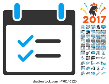 Check Items Calendar Day icon with bonus calendar and time management symbols. Vector illustration style is flat iconic symbols, blue and gray colors, white background.