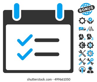 Check Items Calendar Day icon with bonus options design elements. Vector illustration style is flat iconic symbols, blue and gray, white background.