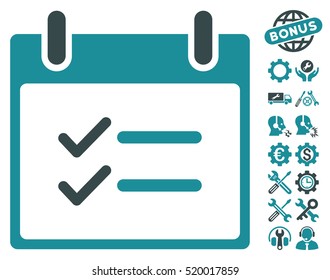 Check Items Calendar Day icon with bonus options pictograms. Vector illustration style is flat iconic symbols, soft blue, white background.