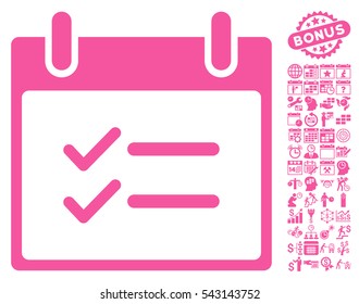 Check Items Calendar Day icon with bonus calendar and time management pictograms. Vector illustration style is flat iconic symbols, pink, white background.