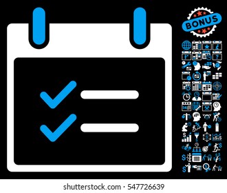 Check Items Calendar Day icon with bonus calendar and time management pictograms. Vector illustration style is flat iconic symbols, blue and white, black background.