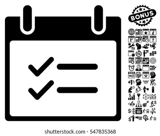Check Items Calendar Day icon with bonus calendar and time management design elements. Vector illustration style is flat iconic symbols, black, white background.