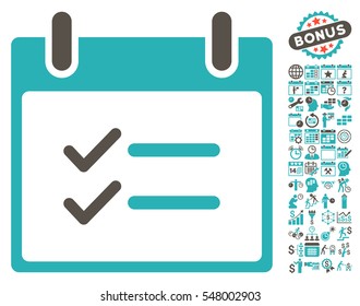 Check Items Calendar Day icon with bonus calendar and time management images. Vector illustration style is flat iconic symbols, grey and cyan, white background.