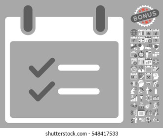 Check Items Calendar Day icon with bonus calendar and time management clip art. Vector illustration style is flat iconic symbols, dark gray and white, silver background.