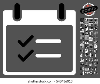 Check Items Calendar Day icon with bonus calendar and time management pictograms. Vector illustration style is flat iconic symbols, black and white, gray background.