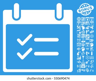 Check Items Calendar Day icon with bonus calendar and time management symbols. Vector illustration style is flat iconic symbols, white, blue background.