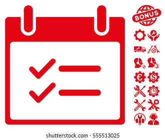 Check Items Calendar Day icon with bonus settings pictograph collection. Vector illustration style is flat iconic symbols, red, white background.