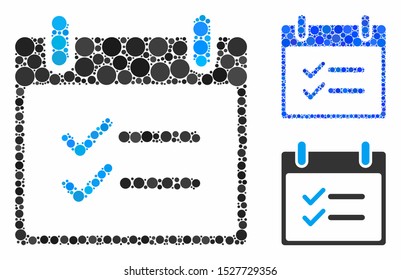 Check items calendar day mosaic of small circles in various sizes and color tints, based on check items calendar day icon. Vector small circles are combined into blue mosaic.