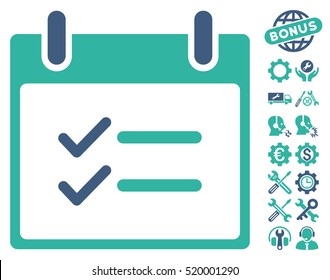 Check Items Calendar Day pictograph with bonus service pictograms. Vector illustration style is flat iconic symbols, cobalt and cyan, white background.