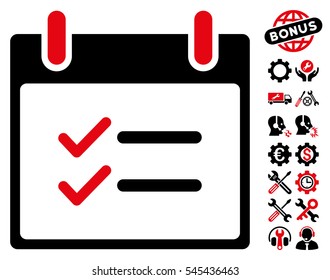 Check Items Calendar Day pictograph with bonus configuration design elements. Vector illustration style is flat iconic symbols, intensive red and black, white background.