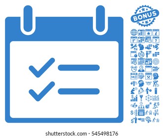 Check Items Calendar Day pictograph with bonus calendar and time management images. Vector illustration style is flat iconic symbols, cobalt, white background.