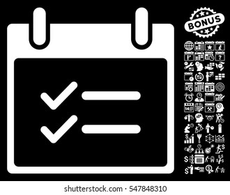 Check Items Calendar Day pictograph with bonus calendar and time management pictograms. Vector illustration style is flat iconic symbols, white, black background.