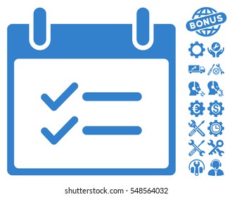 Check Items Calendar Day pictograph with bonus tools clip art. Vector illustration style is flat iconic symbols, cobalt, white background.
