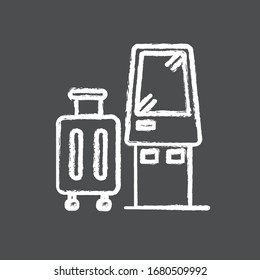 Check in kiosk chalk white icon on black background. Self serving airport terminal. Checked luggage in aircraft. Panel machine for passenger baggage. Isolated vector chalkboard illustration