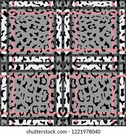 Check leopard fashion seamless pattern for animal trandy textile prints, wallpaper, wrapping with fabric imitation. Black, white and gray checked background.