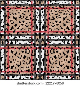 Check leopard fashion seamless pattern for animal trandy textile prints, wallpaper, wrapping with fabric imitation. Black, white and beige checked background.