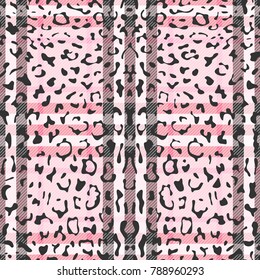 Check leopard fashion seamless pattern for animal trandy textile prints, wallpaper, wrapping with fabric imitation. Pink pastel romantic background.