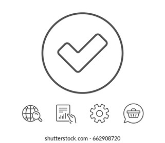 Check line icon. Approved Tick sign. Confirm, Done or Accept symbol. Hold Report, Service and Global search line signs. Shopping cart icon. Editable stroke. Vector