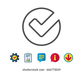 Check line icon. Approved Tick sign. Confirm, Done or Accept symbol. Report, Service and Information line signs. Download, Speech bubble icons. Editable stroke. Vector