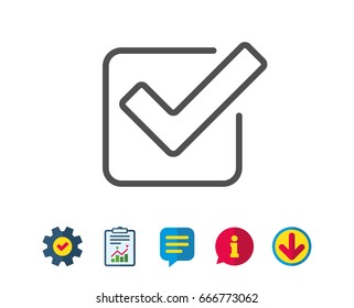 Check line icon. Approved Tick sign. Confirm, Done or Accept symbol. Report, Service and Information line signs. Download, Speech bubble icons. Editable stroke. Vector