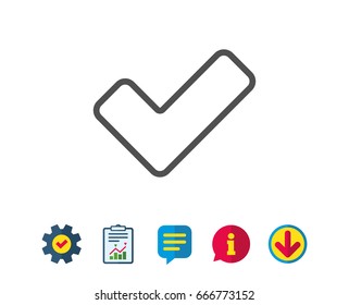 Check line icon. Approved Tick sign. Confirm, Done or Accept symbol. Report, Service and Information line signs. Download, Speech bubble icons. Editable stroke. Vector