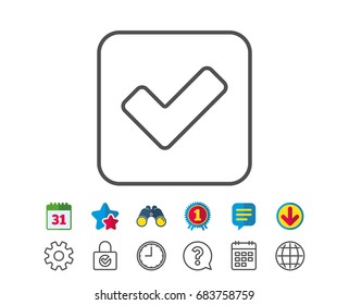 Check line icon. Approved Tick sign. Confirm, Done or Accept symbol. Calendar, Globe and Chat line signs. Binoculars, Award and Download icons. Editable stroke. Vector