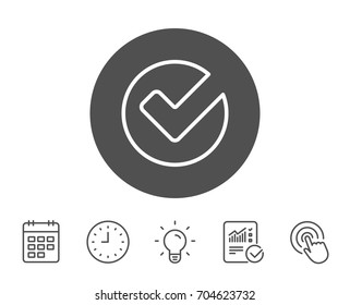 Check line icon. Approved Tick sign. Confirm, Done or Accept symbol. Report, Clock and Calendar line signs. Light bulb and Click icons. Editable stroke. Vector