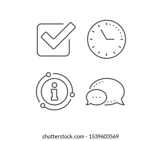 Check line icon. Chat bubble, info sign elements. Approved Tick sign. Confirm, Done or Accept symbol. Linear checkbox outline icon. Information bubble. Vector