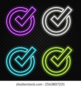 Check line icon. Neon laser lights. Approved Tick sign. Confirm, Done or Accept symbol. Glow laser speech bubble. Neon lights chat bubble. Banner badge with verify icon..