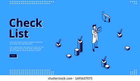 Check list banner. Concept of business organization and completed tasks. Vector landing page of questionnaire, survey or planning work with isometric man and checkboxes with marks