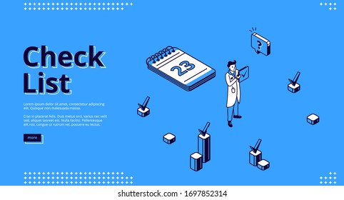 Check List Banner. Concept Of Business Organization And Completed Tasks. Vector Landing Page Of Questionnaire Or Planning Work To Deadline With Isometric Man, Calendar And Checkboxes With Marks