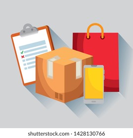check list with box package and smartphone with bag