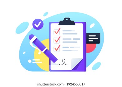 Check list with check boxes and pen signed. Isolated concept tablet using business manager system for business documents. Vector illustration.