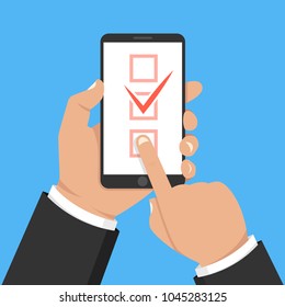 Check list button on smartphone screen. One hand holds smartphone and finger touch screen. Vector illustration.