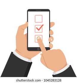Check list button on smartphone screen. One hand holds smartphone and finger touch screen. Vector illustration.