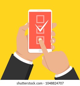 Check list button on smartphone screen. One hand holds smartphone and finger touch screen. Vector illustration.