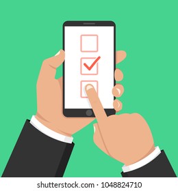 Check list button on smartphone screen. One hand holds smartphone and finger touch screen. Vector illustration.