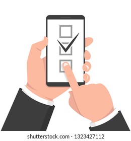 Check list button on smartphone screen. One hand holds smartphone and finger touch screen. Vector illustration.