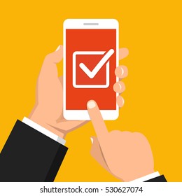 Check list button on smartphone screen. One hand holds smartphone and finger touch screen. Flat vector illustration.