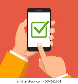 Check list button on smartphone screen. One hand holds smartphone and finger touch screen. Flat vector illustration.
